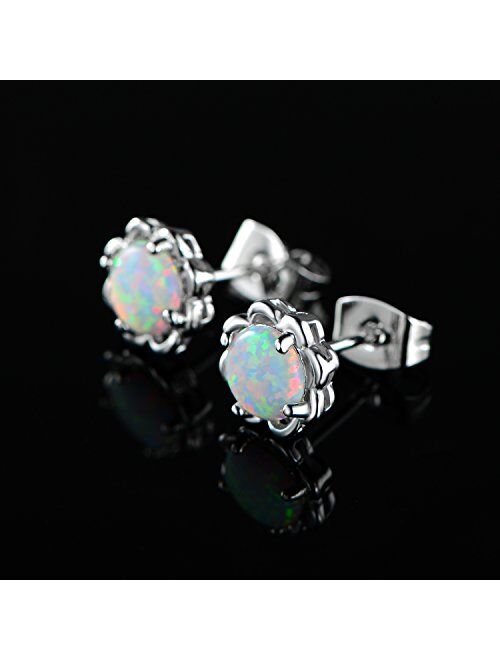 White Gold Plated Flower Opal Stud Earrings Hypoallergenic Jewelry Gift for Women