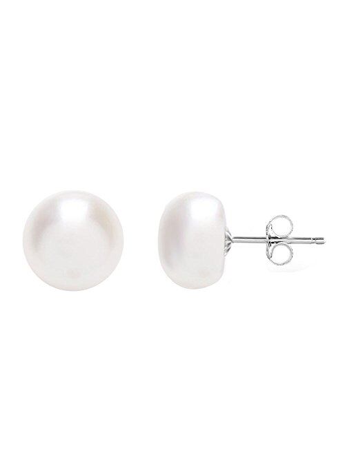 MABELLA 925 Sterling Silver AAA Genuine Freshwater Cultured Pearl White Button Stud Earrings for Women