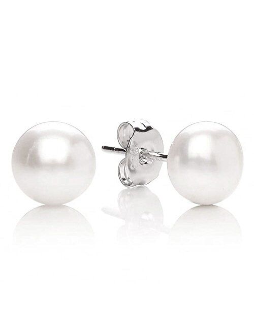 MABELLA 925 Sterling Silver AAA Genuine Freshwater Cultured Pearl White Button Stud Earrings for Women