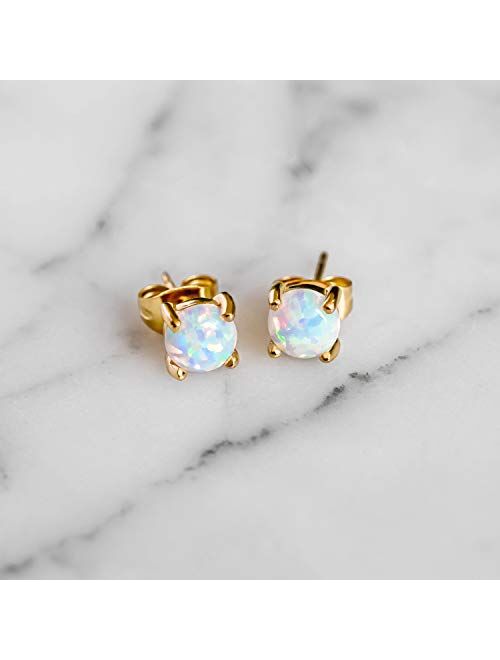 Stud Earrings Opal Studs | 14k Gold Dipped 3mm 6mm Tiny White Round Fire Opals Studs Womens Stainless Steel Earring Pair Celebrity Approved