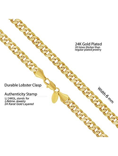 LIFETIME JEWELRY 6mm Cuban Link Chain Necklace 24k Gold Plated for Men and Women
