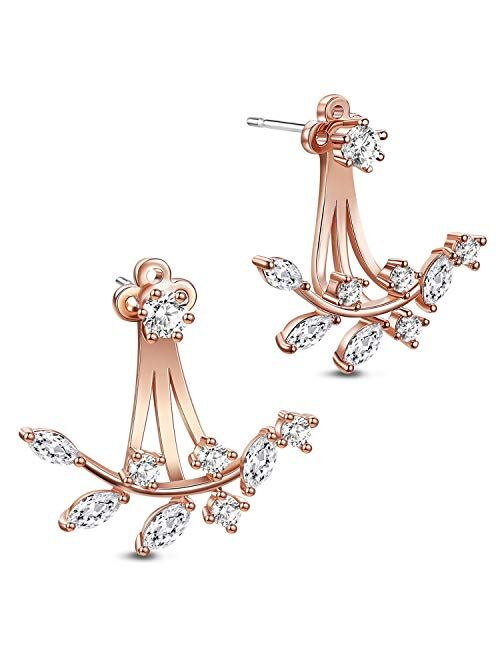 Elensan Rose Gold Leaf with Cz Crystal Ear Cuff Jacket Front Back Stud Earring for Woman Girls