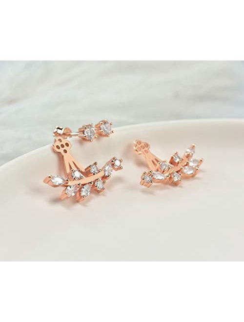 Elensan Rose Gold Leaf with Cz Crystal Ear Cuff Jacket Front Back Stud Earring for Woman Girls