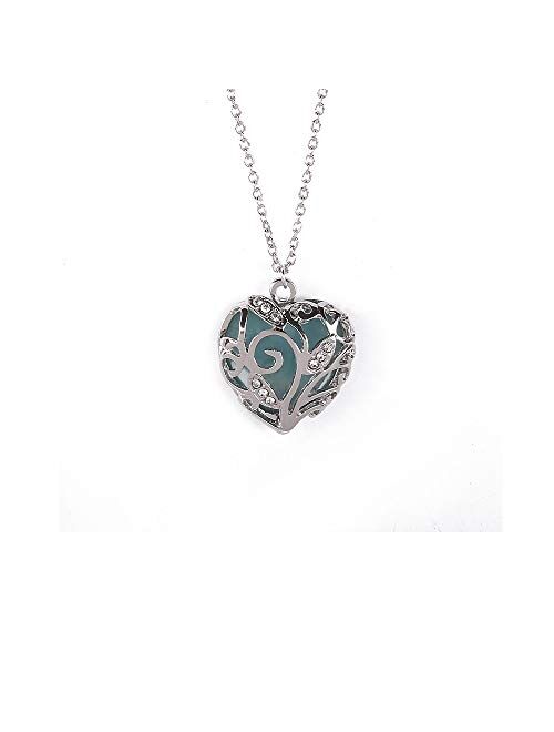 SPHTOEO Glow in Dark Women Necklace Hollow Out Heart Crystal Pendant Luminous Necklace (Blue)