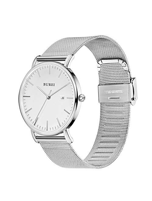 BUREI Men's Watch Ultra Thin Quartz Analog Wrist Watch Date Calendar Stainless Steel Mesh Band