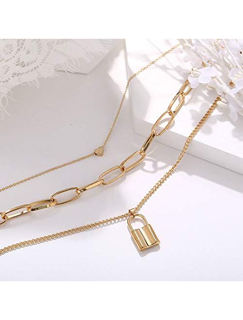 Neckce 2 Pcs Dainty Layered Choker Necklaces Handmade Lock Heart Pendant Multilayer Adjustable Layering Chain Gold Necklaces Set for Women
