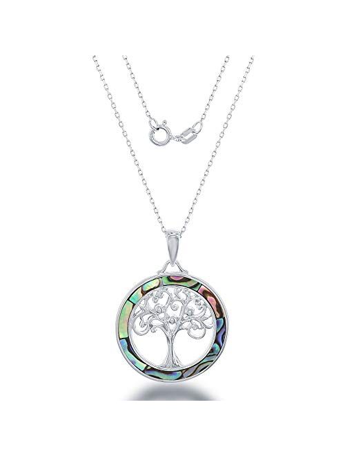 Tree of Life Necklace 925 Sterling Silver or Gold Plated with Created Blue Opal, Mother of Pearl or Abalone Shell Pendant Necklace for Women with 18" Sterling Silver Chai