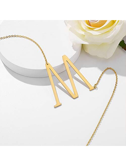 IEFWELL Large Sideways Initial Necklace for Women - Silver Gold Plated Stainless Steel Large Big Sideways Initial Letter Necklace Crooked Oversized Initial Necklace for W