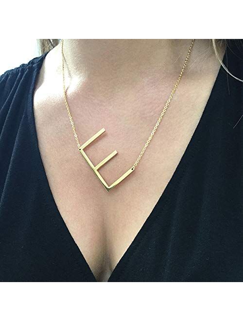 IEFWELL Large Sideways Initial Necklace for Women - Silver Gold Plated Stainless Steel Large Big Sideways Initial Letter Necklace Crooked Oversized Initial Necklace for W