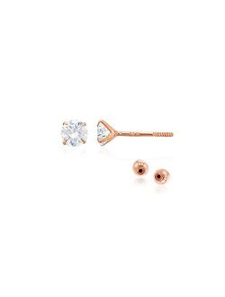Solid 14k Yellow Gold Hypoallergenic Round Heart Square CZ Cubic Zirconia Solitaire Stud Earrings For girls With Secure Ball Screw Backs For Women, 3mm-7mm