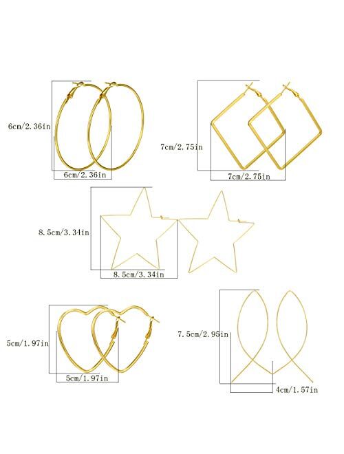 AIDSOTOU 10 Pairs Big Hoop Earrings Set for Women Girls Gold Plated Rose Gold Plated Silver Stainless Steel Hoop Earrings Fashion Large Earrings for Sensitive Ears