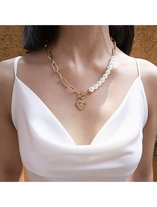 Ingemark Statement Cool Punk Chunky Chain Toggle Necklace for Women Girls Heart Shaped Photo Locket Pendant Layered Pearl Choker Necklace