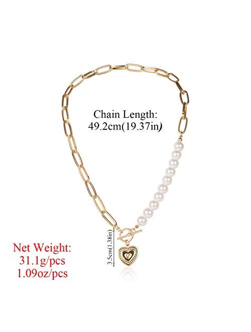 Ingemark Statement Cool Punk Chunky Chain Toggle Necklace for Women Girls Heart Shaped Photo Locket Pendant Layered Pearl Choker Necklace