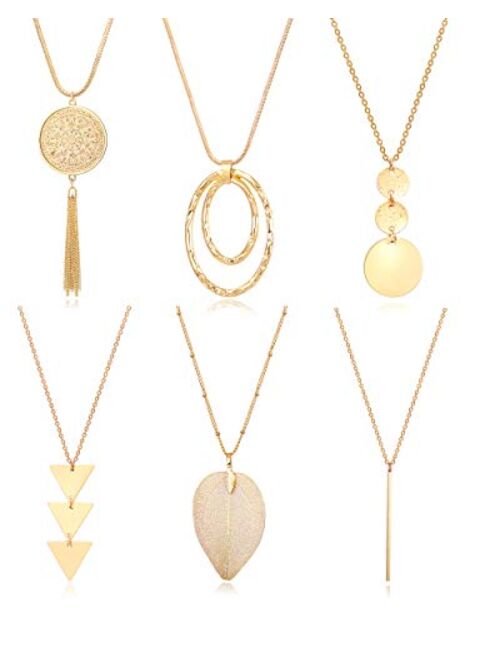 Fesciory 6 PCS Long Pendant Necklace for Women, Gold Bar Circle Leaf Triangle Tassel Y Necklace Set for Girls