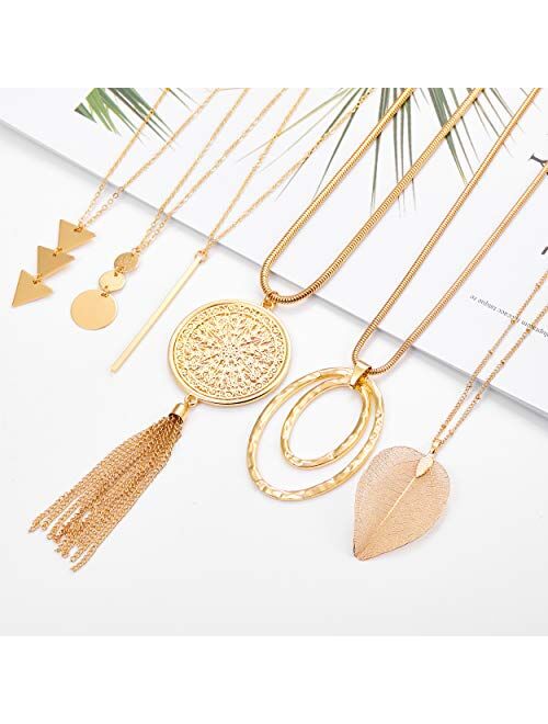 Fesciory 6 PCS Long Pendant Necklace for Women, Gold Bar Circle Leaf Triangle Tassel Y Necklace Set for Girls