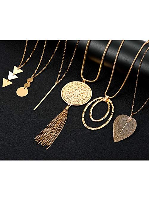 Gold Bar Circle Leaf Triangle Tassel Y Necklace Set for Girls Fesciory 6 PCS Long Pendant Necklace for Women 
