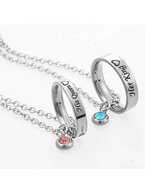 MJartoria Matching Necklaces for Couples, His and Hers Engraved Rhinestone Ring Pendant Set Gifts for Boyfriend Girlfriend