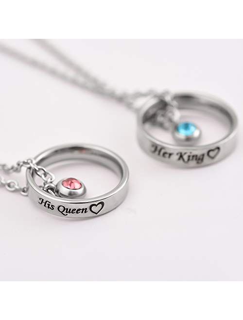 MJartoria Matching Necklaces for Couples, His and Hers Engraved Rhinestone Ring Pendant Set Gifts for Boyfriend Girlfriend