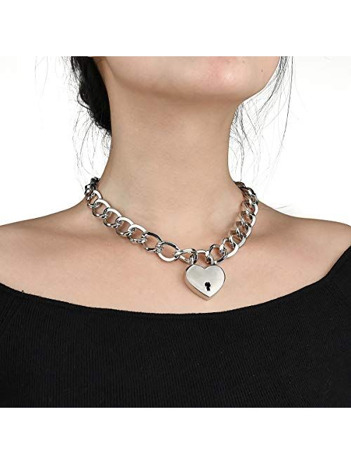 Lover Heart Padlock Necklace, Choker Necklaces for Women with Lock and Key, Metal Padlock Choker Pendant