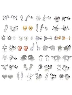 TAMHOO 30 Pairs Assorted Stainless Steel Stud Earrings for Teen Girls - Hypoallergenic Stud Earrings -Fairy earrings Faux Pearl Earrings Pink CZ Cat Stud Earrings