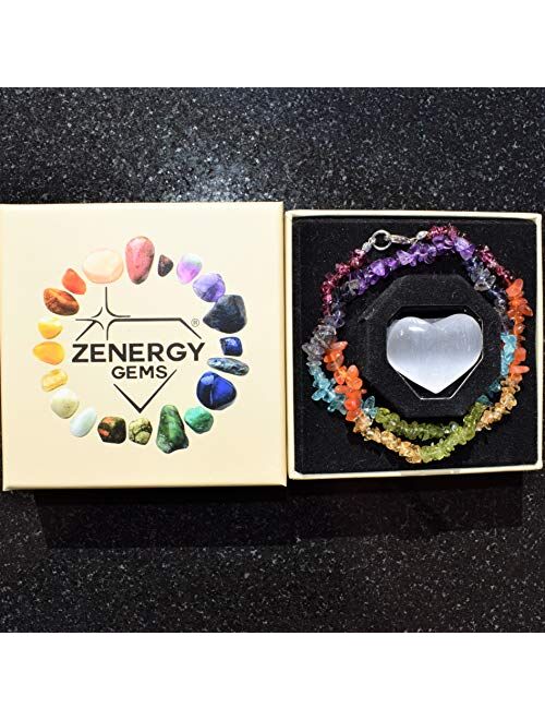 Zenergy Gems Selenite Charged Natural Gemstone Chip Necklaces + Selenite Puffy Heart Charger [Included]