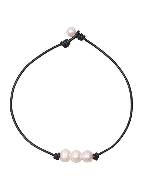 Charming Collection Women White 3 Cultured Freshwater Pearls Choker Necklace on Genuine Leather Cord Knotted Jewelry