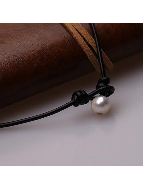 Charming Collection Women White 3 Cultured Freshwater Pearls Choker Necklace on Genuine Leather Cord Knotted Jewelry