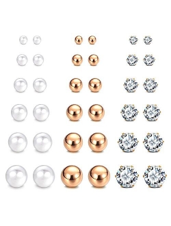 JewelrieShop Earrings Studs Set for Women Girl Stainless Steel CZ Ball Faux Pearl Hoop Hypoallergenic Silver Multiple Ear Stud Earing for Men