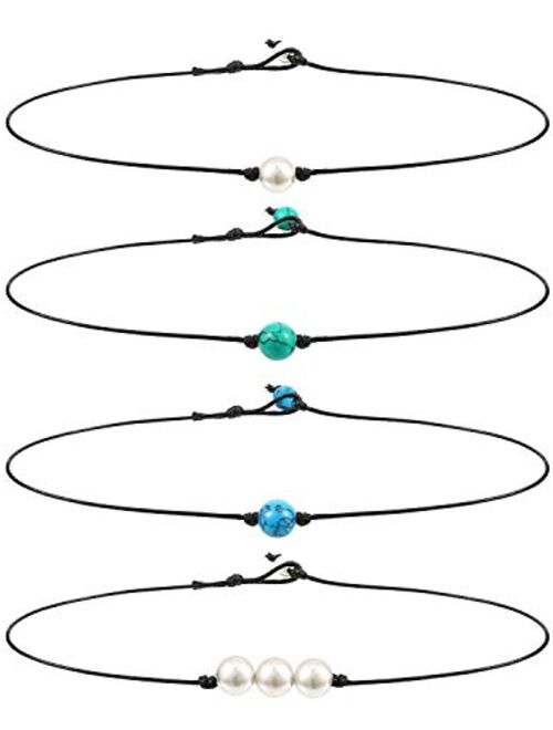 HIIXHC Single Pearl Choker Necklace on Genuine Leather Cord for Women Handmade Choker Jewelry Gift
