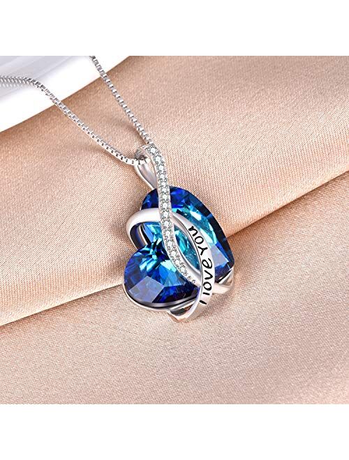 AOBOCO I Love You Jewelry Sterling Silver Blue Purple Heart Pendant Necklace Embellished with Crystals from Swarovski, Anniversary Birthday Jewelry Gifts for Women