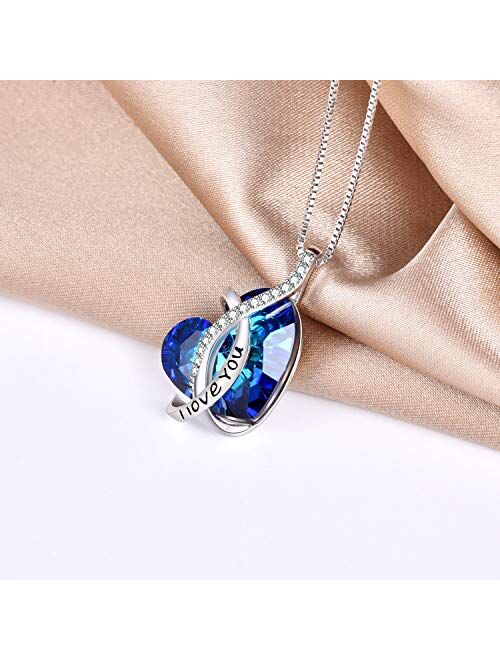 AOBOCO I Love You Jewelry Sterling Silver Blue Purple Heart Pendant Necklace Embellished with Crystals from Swarovski, Anniversary Birthday Jewelry Gifts for Women