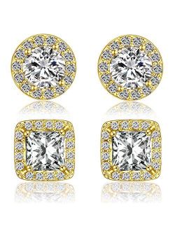 Quinlivan Duo 2 Pairs Premium Halo Stud Earrings 10mm, Round Princess Cut Cubic Zirconia Earrings Sets Lightweight for Women, Girls