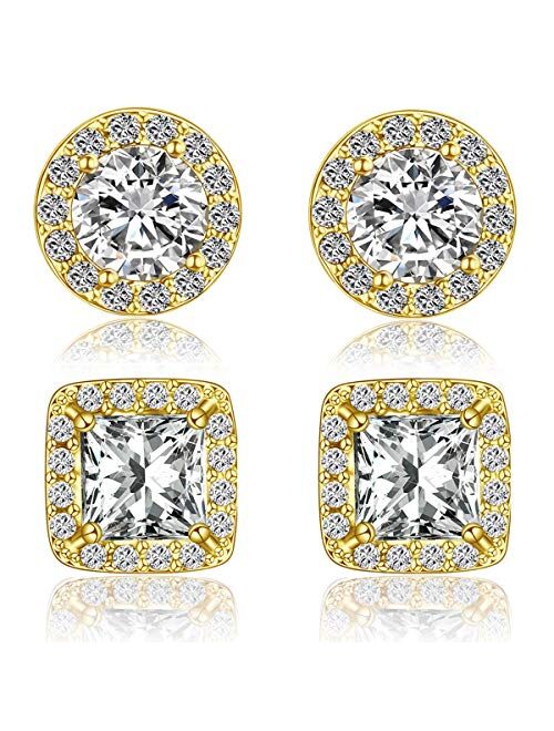 Quinlivan Duo 2 Pairs Premium Halo Stud Earrings 10mm, Round Princess Cut Cubic Zirconia Earrings Sets Lightweight for Women, Girls