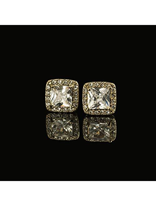 Quinlivan Duo 2 Pairs Premium Halo Stud Earrings 10mm, Round Princess Cut Cubic Zirconia Earrings Sets Lightweight for Women, Girls