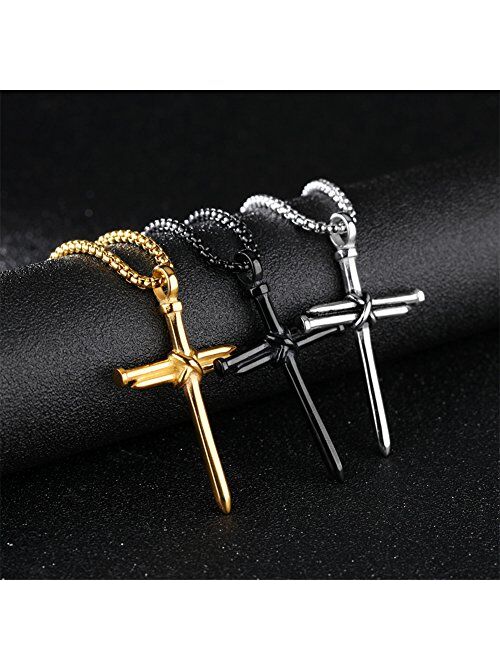 HIJONES Men's Stainless Steel Nail Cross Charm Pendant Necklace Polished Gold Silver Black Rose Gold