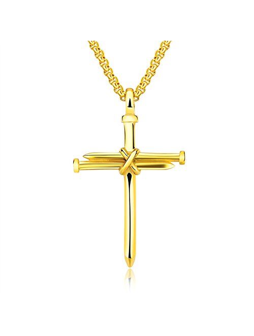 HIJONES Men's Stainless Steel Nail Cross Charm Pendant Necklace Polished Gold Silver Black Rose Gold