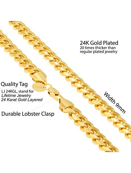 LIFETIME JEWELRY 9mm Cuban Link Chain Necklace for Men & Women 24k Gold Plated