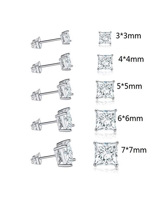 5 Pairs 18K White Gold Plated Princess Cut Clear Cubic Zirconia Stud Earring Pack