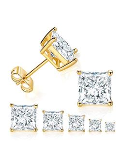 5 Pairs 14K Yellow Gold Plated Princess Cut Clear Cubic Zirconia Stud Earring Set
