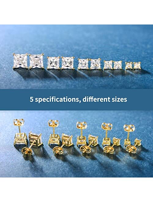 5 Pairs 14K Yellow Gold Plated Princess Cut Clear Cubic Zirconia Stud Earring Set