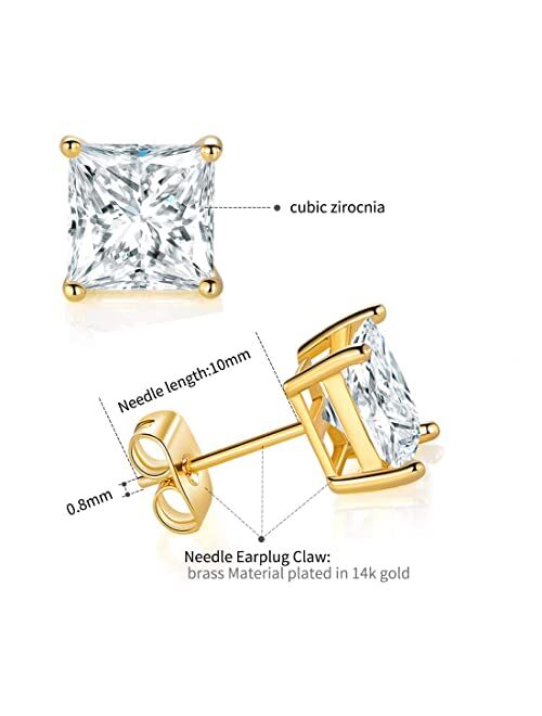 5 Pairs 14K Yellow Gold Plated Princess Cut Clear Cubic Zirconia Stud Earring Set
