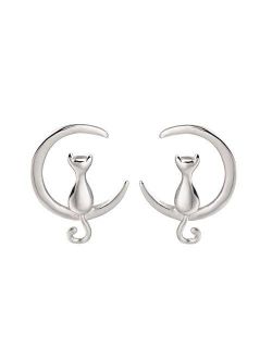 S.Leaf Sterling Silver Earrings Cat Moon Earrings Cat Lovers Gift for Women