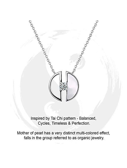 Beyond Love Tai Chi Collection Round Pendant Necklace 18K White Gold Plated Dainty Chain Choker Mother-of-Pearl 5A Zirconia Necklace for Women Girl Jewelry Gift Silver 18