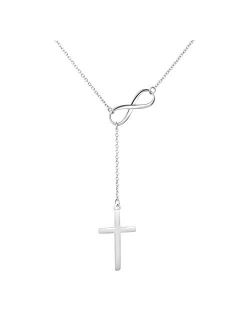 Infinity Cross Pendant Y Necklace Lariat Style | .925 Sterling Silver | 3 Finishes Available