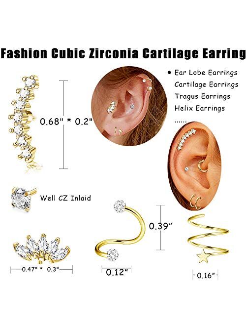 Jstyle 8Pairs Stainless Steel Helix Cartilage Tragus Stud Earring Hoops for Women Grils CZ Barbell Piercing Earrings Stud Body Piercing Jewelry 16-18G