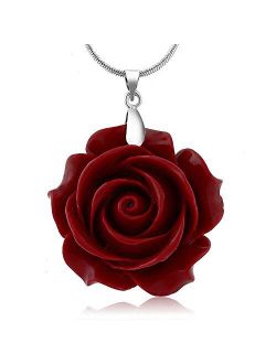 Gem Stone King 35mm Red Simulated Coral Carved Rose Flower Pendant with 16inches+2inches Extender Chain