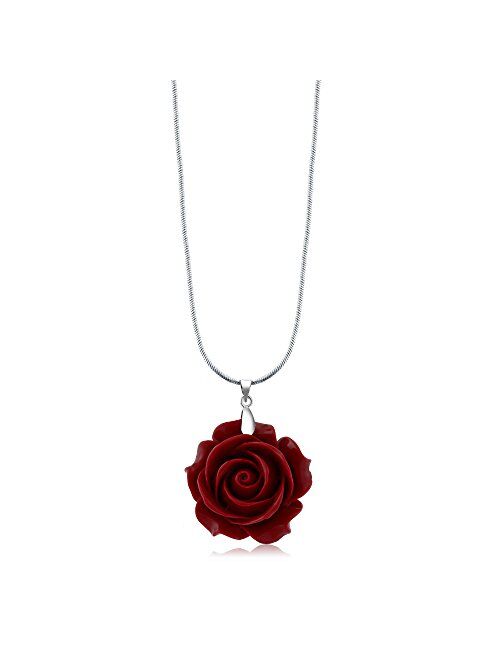 Gem Stone King 35mm Red Simulated Coral Carved Rose Flower Pendant with 16inches+2inches Extender Chain