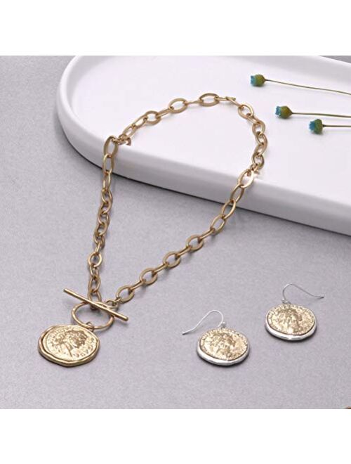 Pomina Fashion Gold Silver Chunky Thick Link Chain Necklace Medallion Chunky Coin Pendant Toggle Necklace for Women Men Teen Girls