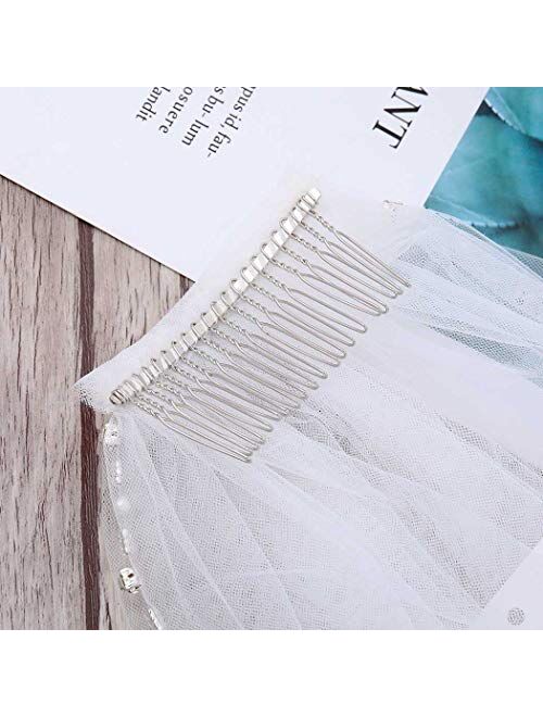 Nicute Wedding Bride Veil White Chapel Waist Length Pearl Bridal Hair Accessories with Comb and Rhinestone Edge 1 Tier 35 Inches