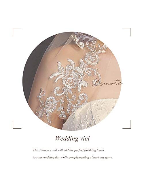 Brinote Lace Appliqued Bride Wedding Veil with Comb 2-Tier Long Waist Length Bridal Veils Soft Tulle Hair Accessories for Brides